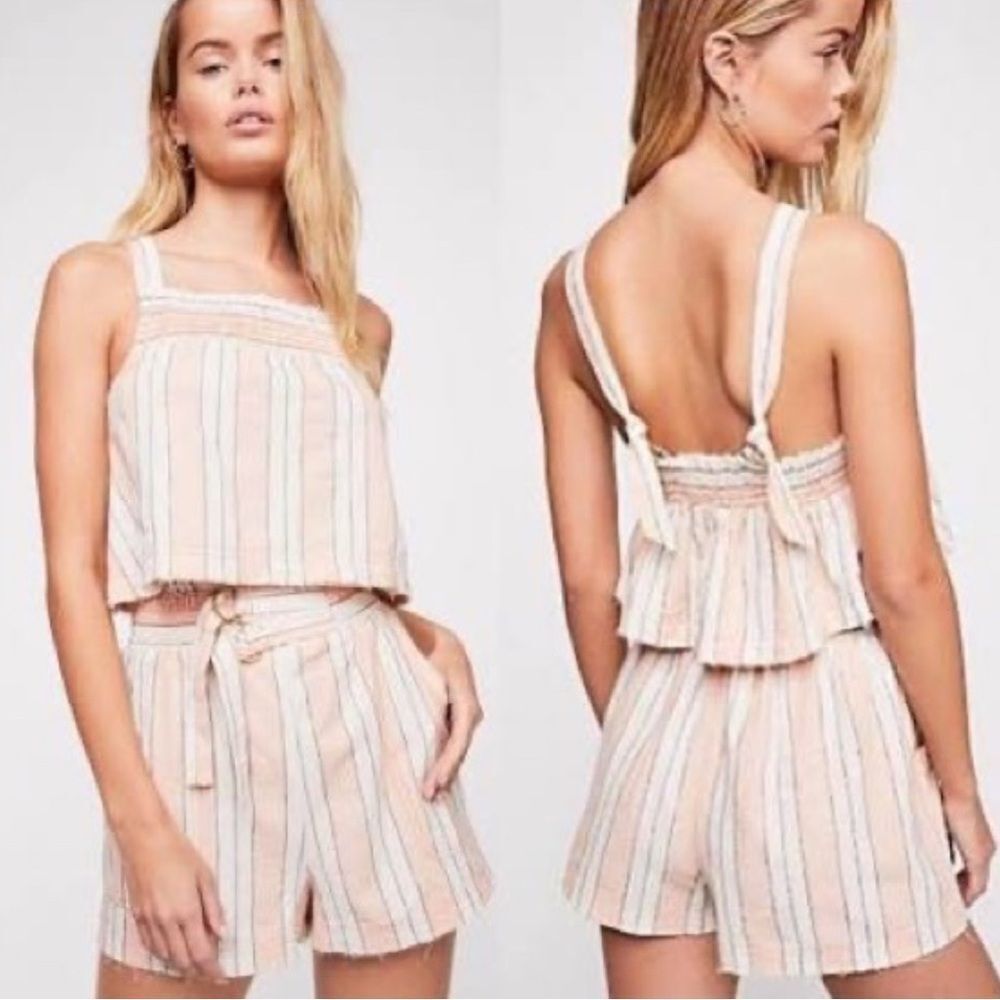 Free People Girl Like Me Striped Orange Linen Co-Ord Matching Set Shorts Size XS